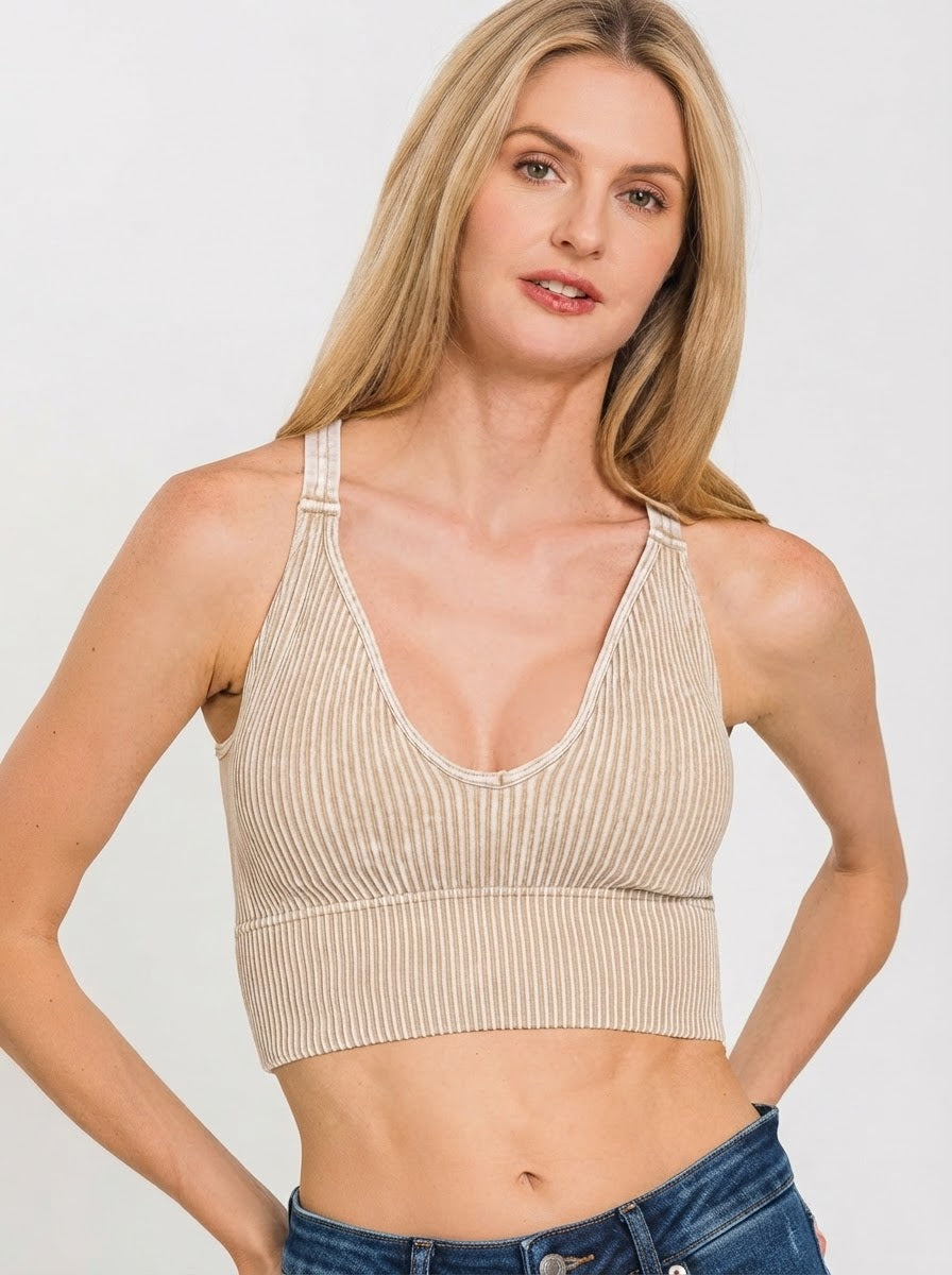 V Neck Washed Ribbed Seamless Brami