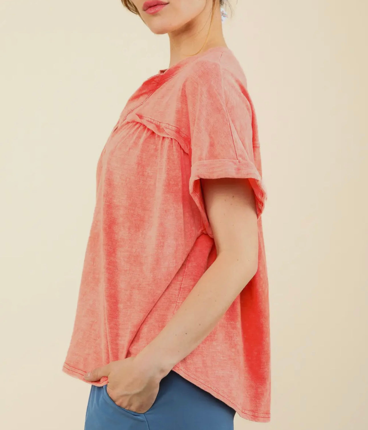 Coral Washed Knit Top