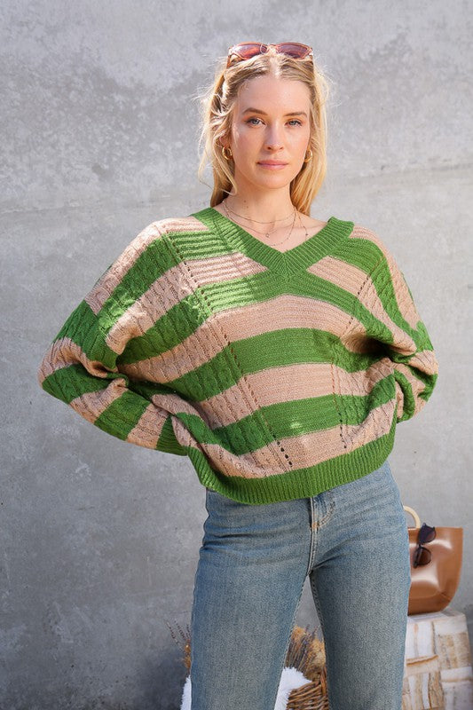 V Neck Striped Oversized Sweater