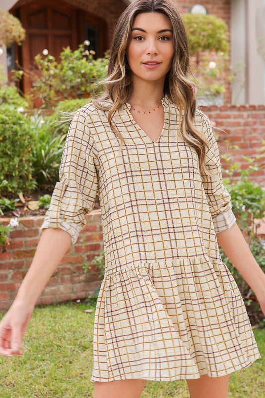 Three Quarter Roll Up Sleeve Plaid Mini Dress