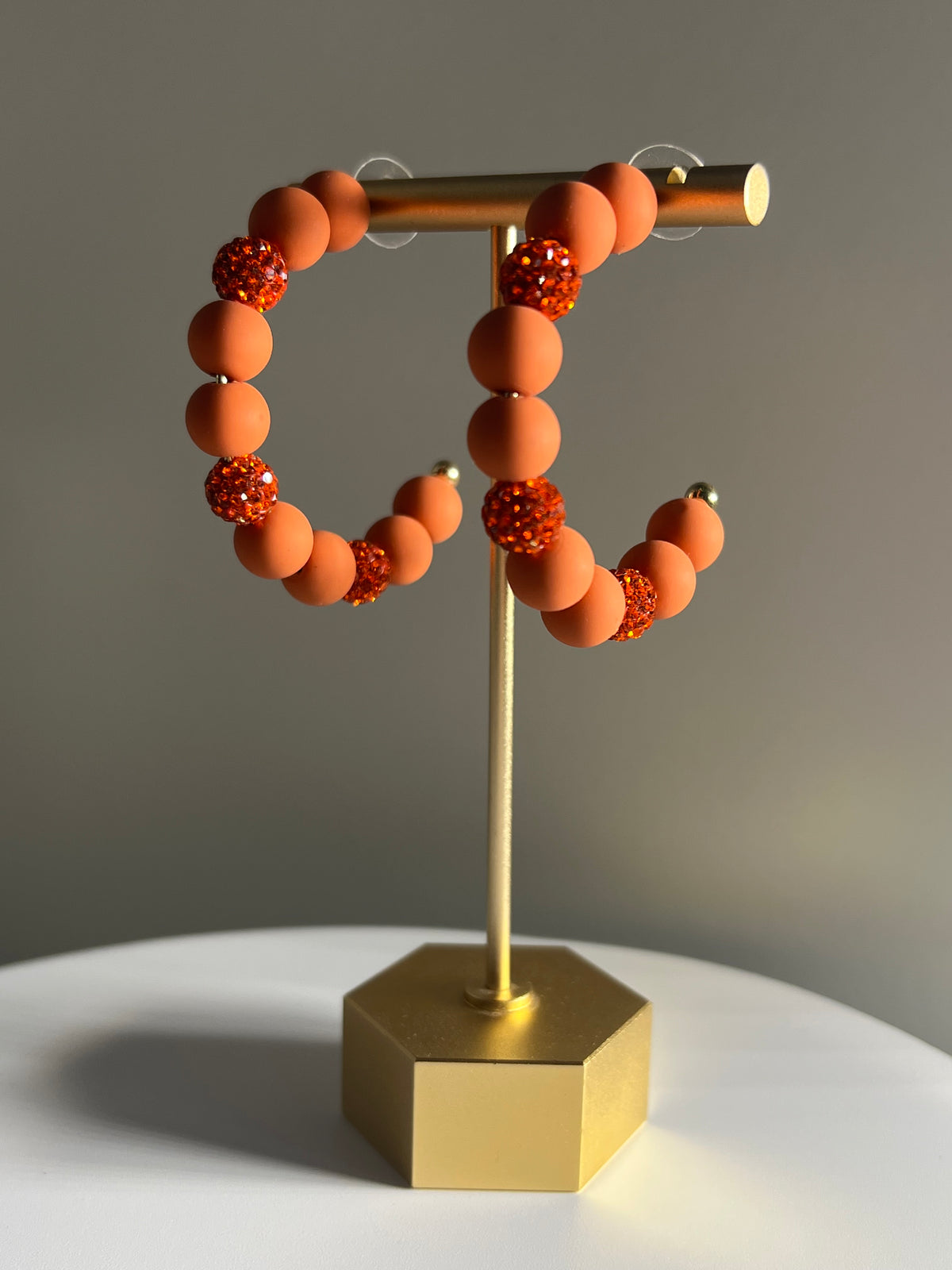 Orange Crystal Ball & Polymer Clay Ball Hoop Earrings