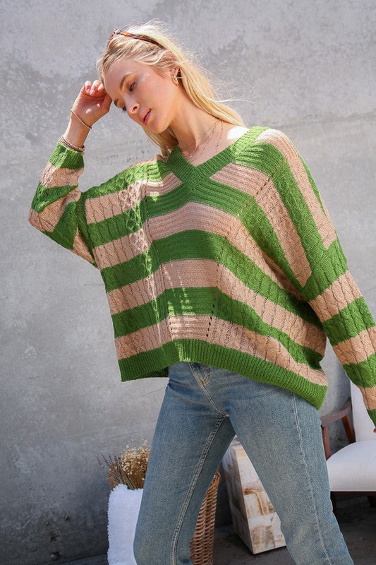 V Neck Striped Oversized Sweater