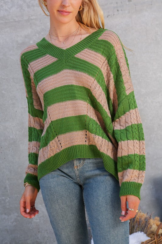 V Neck Striped Oversized Sweater