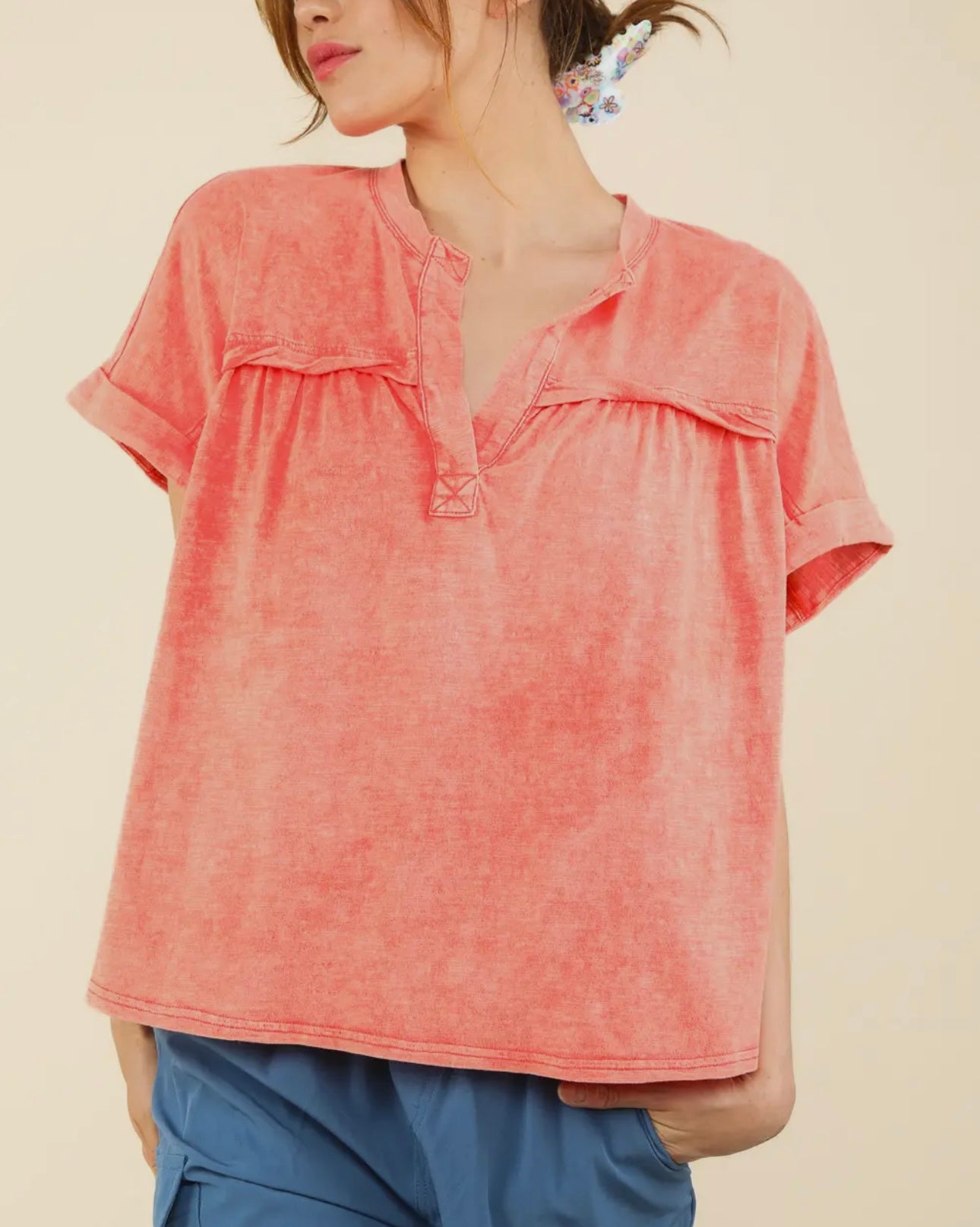 Coral Washed Knit Top