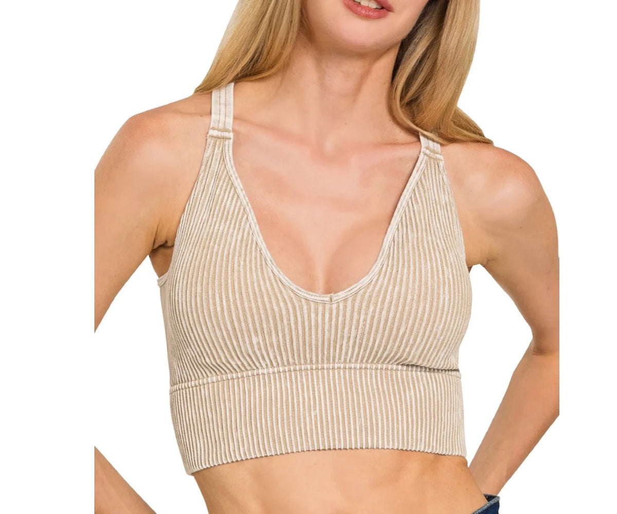 V Neck Washed Ribbed Seamless Brami
