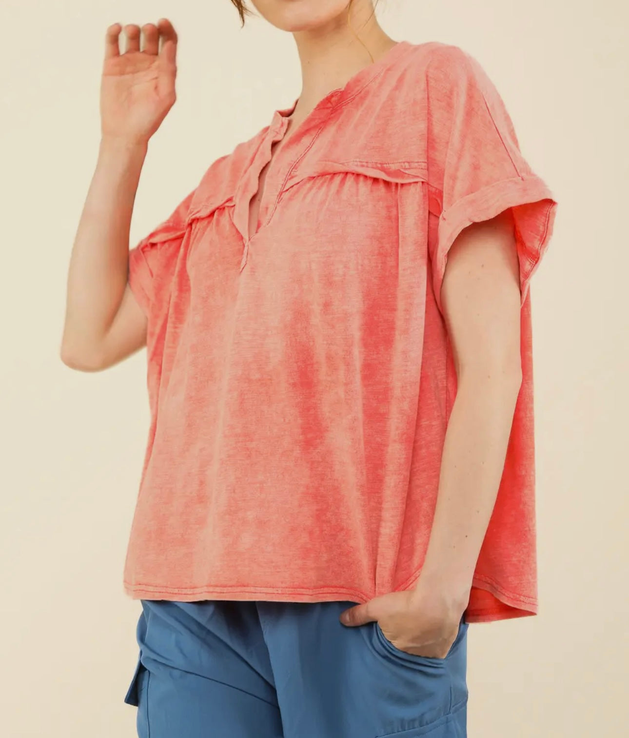Coral Washed Knit Top