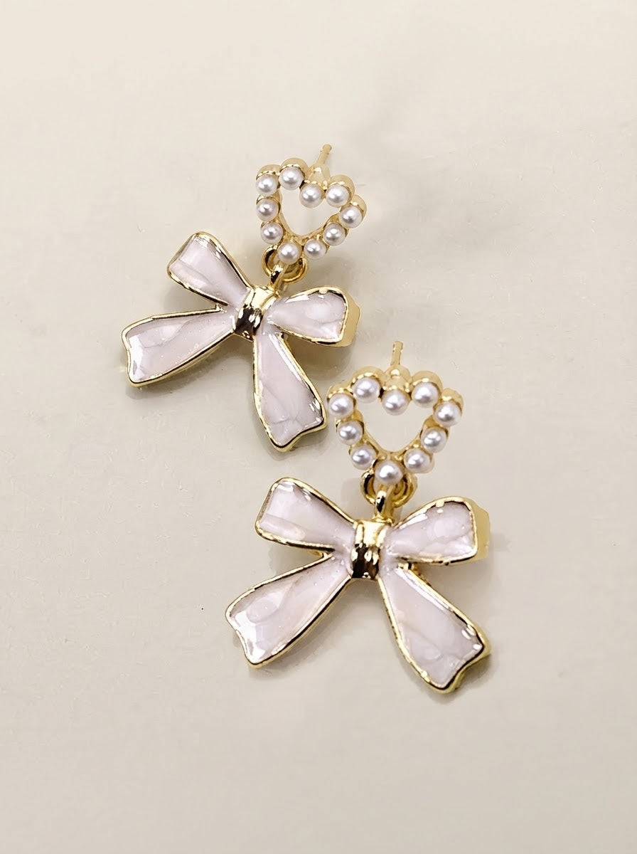 Bow Heart Pearl Drop Earrings