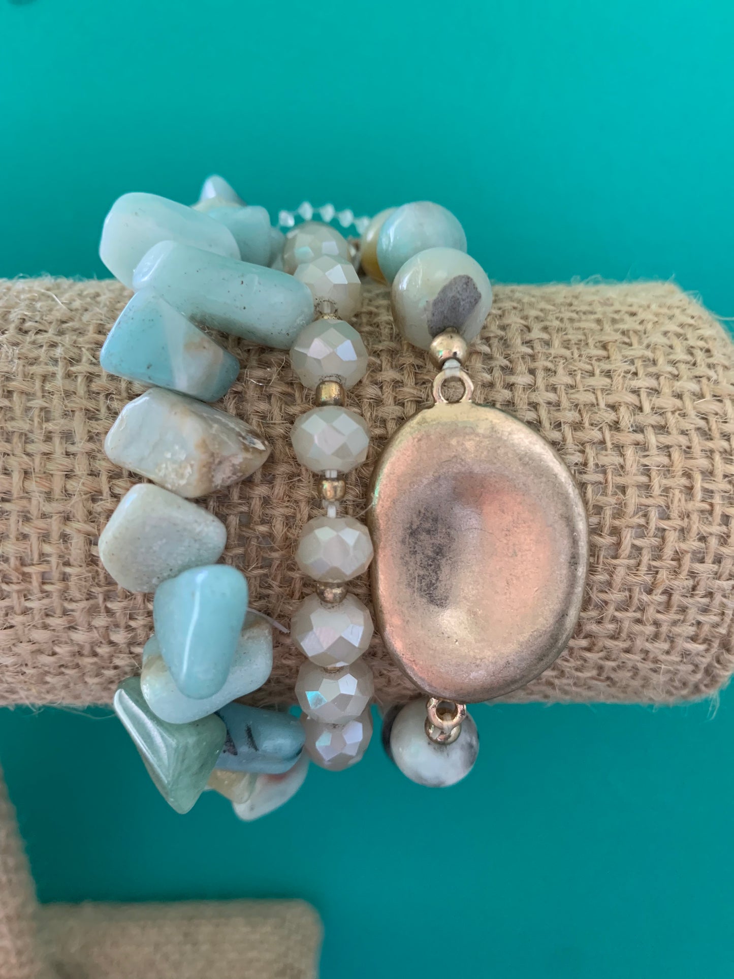 3pc Mixed Stone and Bead Bracelet Set Mint
