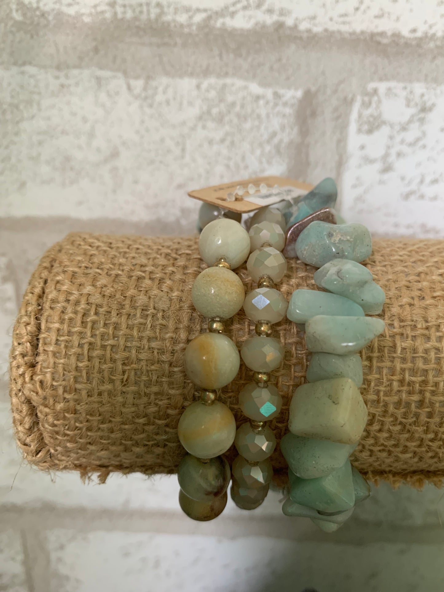 3pc Mixed Stone and Bead Bracelet Set Mint