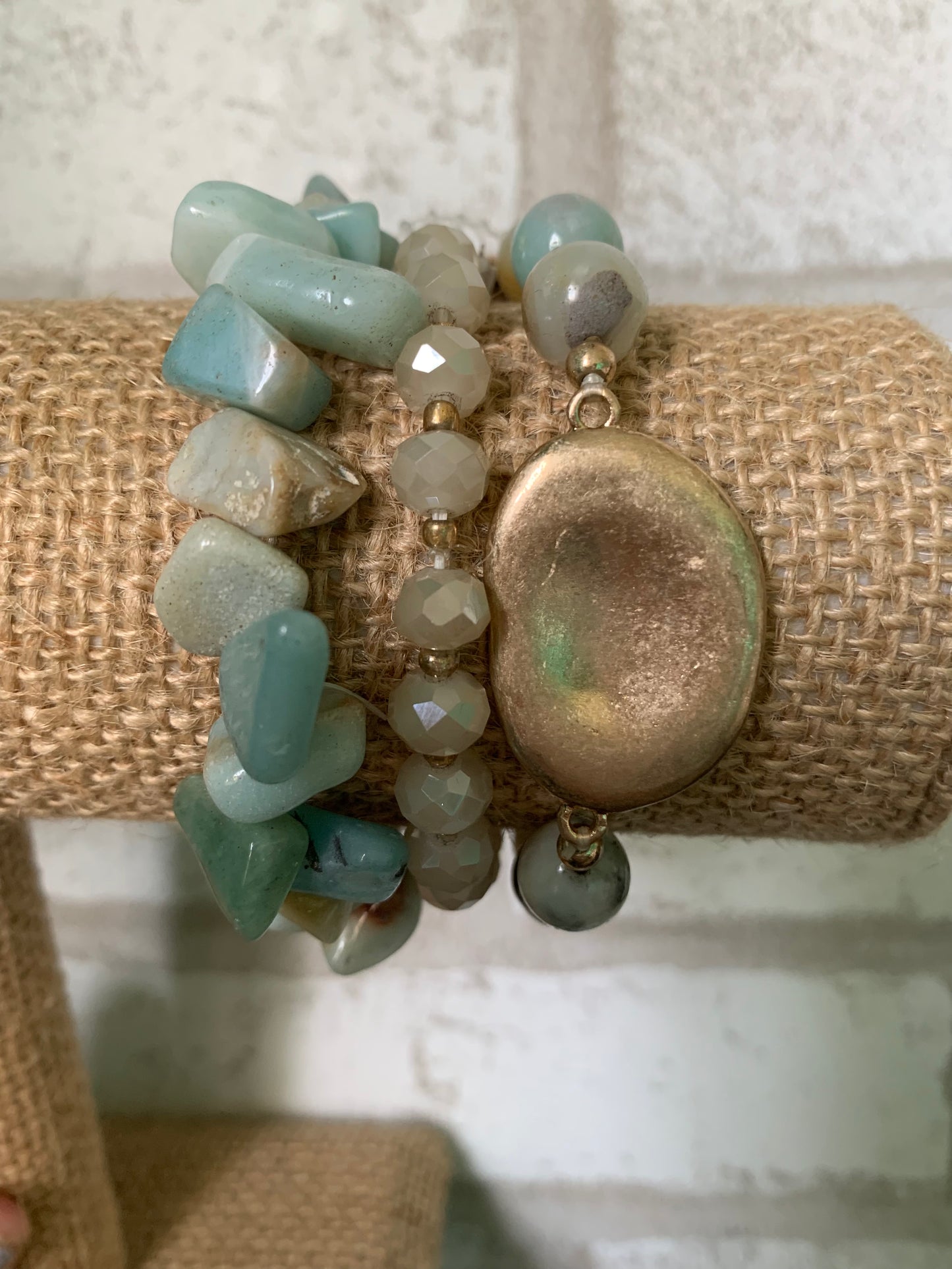 3pc Mixed Stone and Bead Bracelet Set Mint