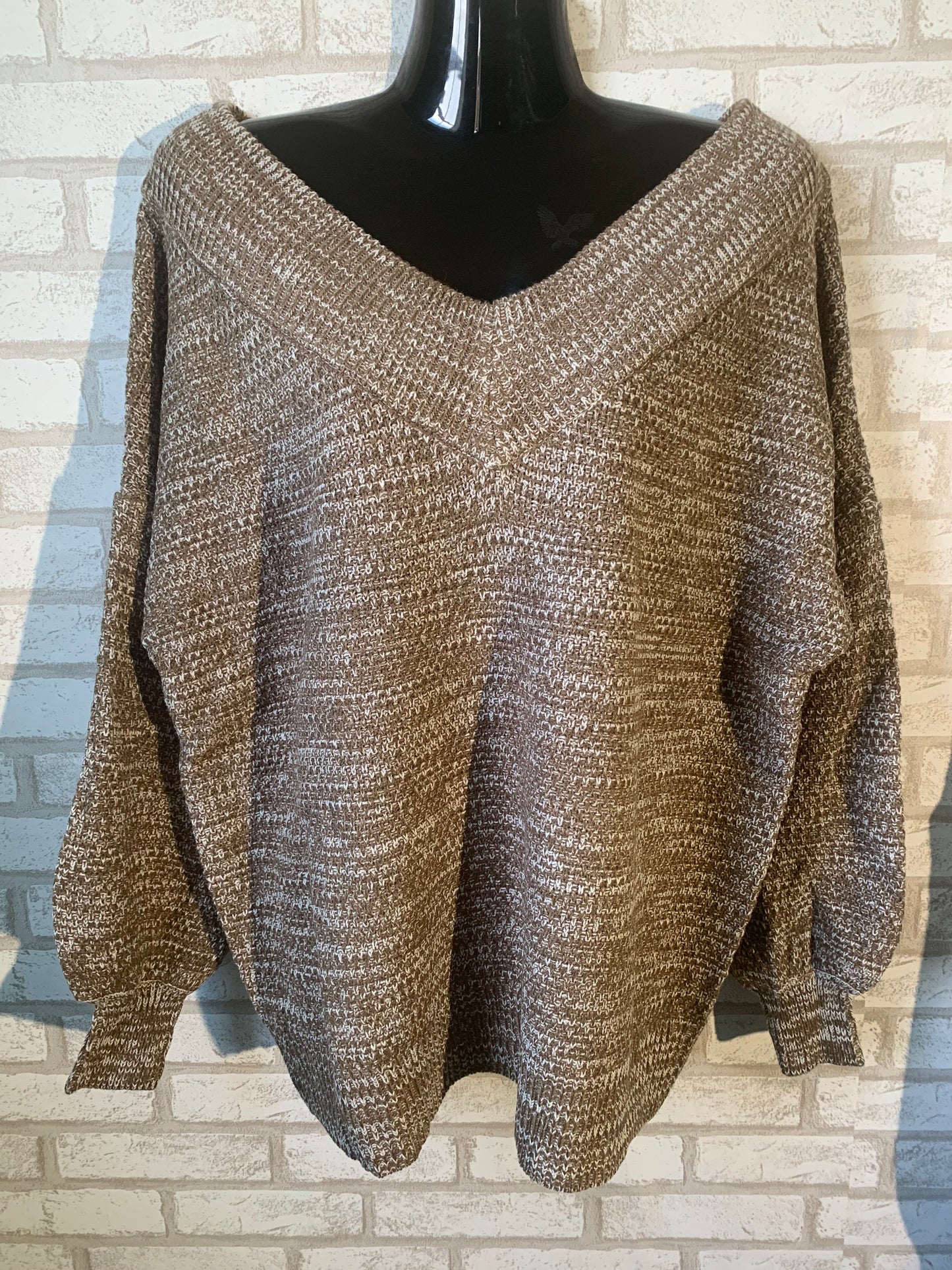 Mocha V Neck Sweater with Balloon Sleeve