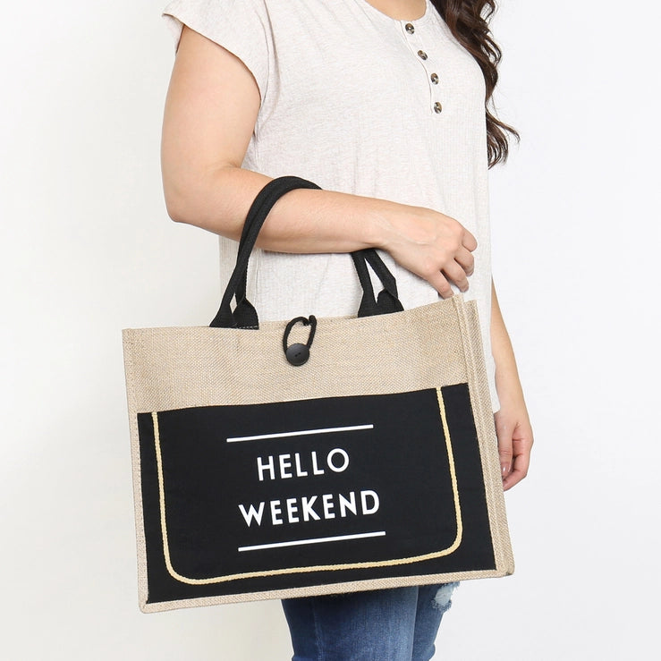 Hello Weekend Burlap Tote Bag