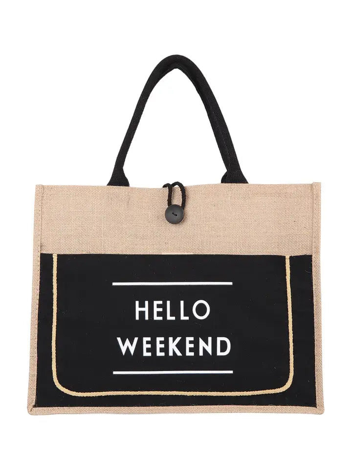 Hello Weekend Burlap Tote Bag