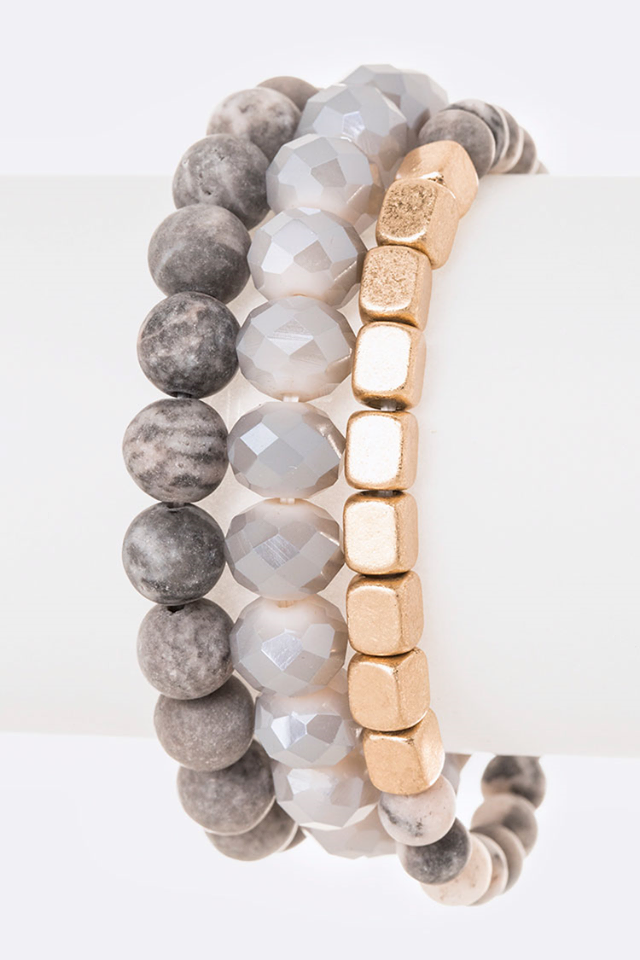 3pc Stone Stretch Bracelet Set Grey