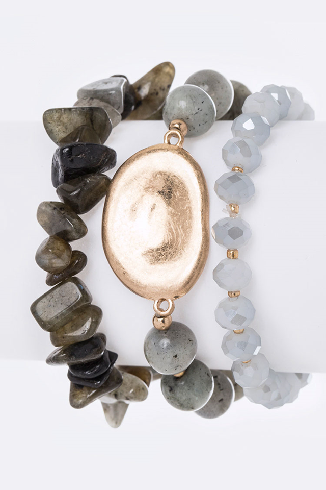 3pc Mixed Stone and Bead Bracelet Set-Grey
