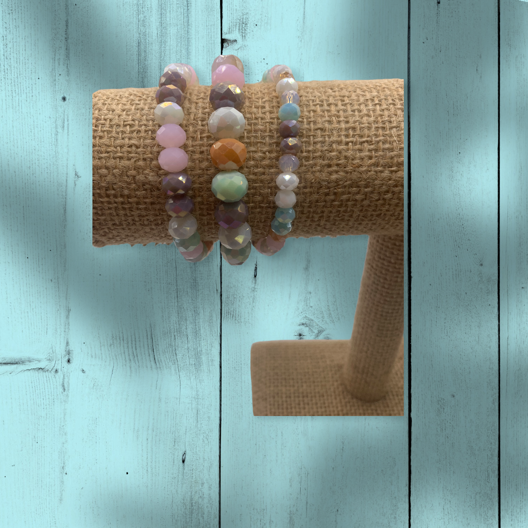 3 pc Multi Color Mix Crystal Bead Stretch Bracelet Set