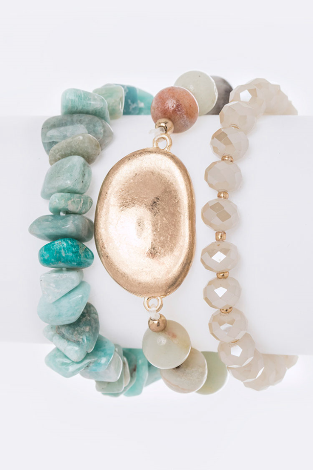 3pc Mixed Stone and Bead Bracelet Set Mint