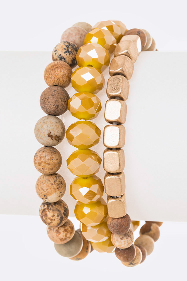 3pc Mustard Bead Stone Bracelet Set