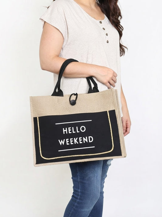 Hello Weekend Burlap Tote Bag