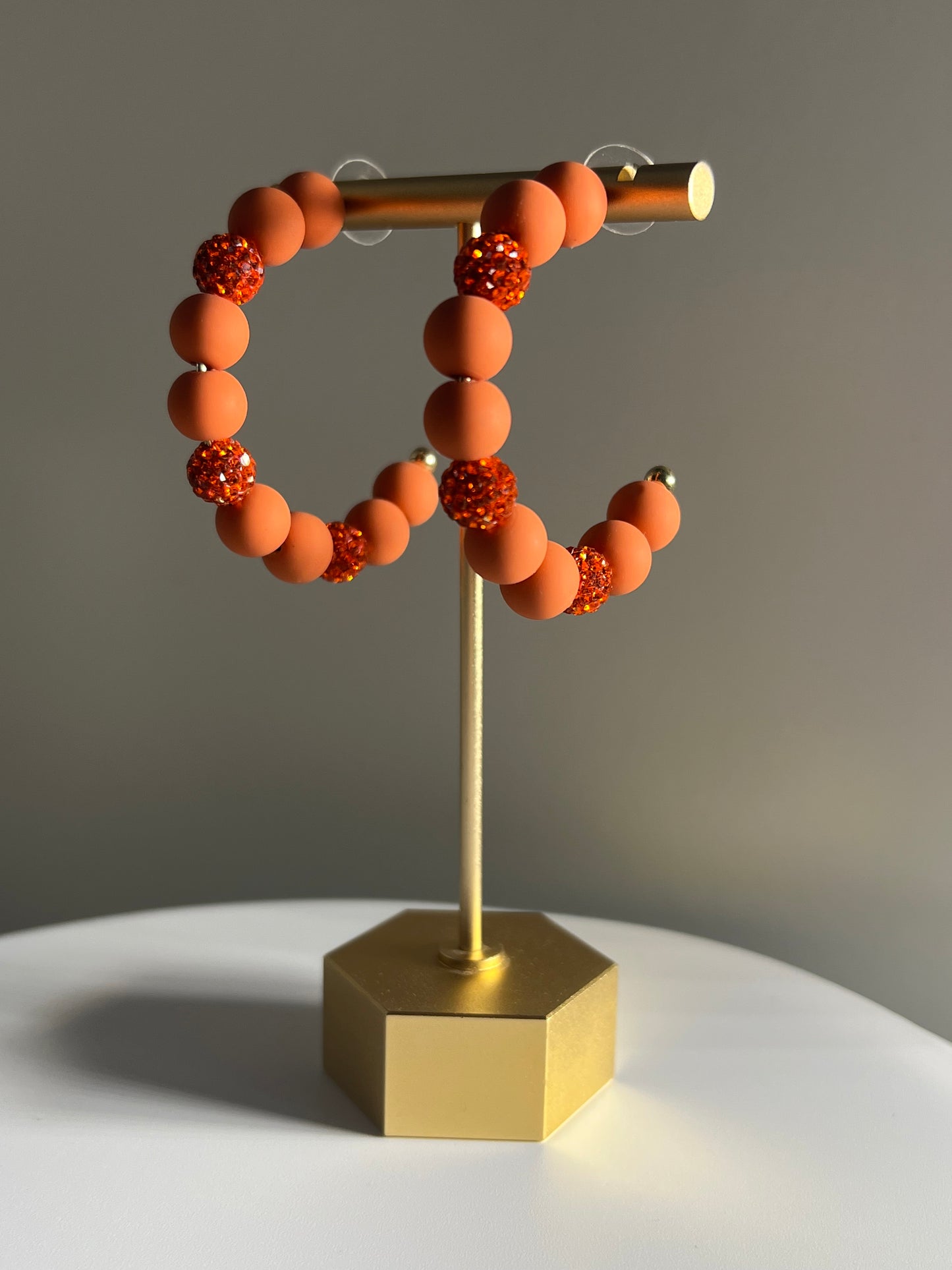 Orange Crystal Ball & Polymer Clay Ball Hoop Earrings