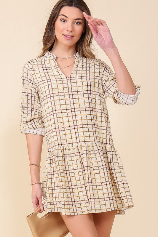 Three Quarter Roll Up Sleeve Plaid Mini Dress