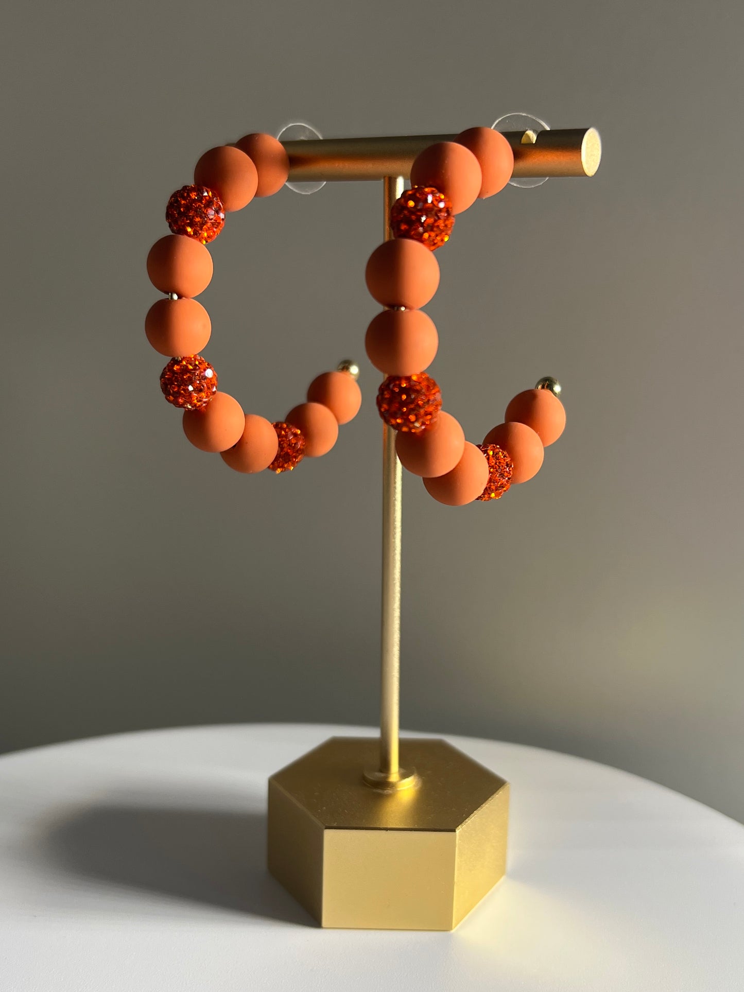 Orange Crystal Ball & Polymer Clay Ball Hoop Earrings