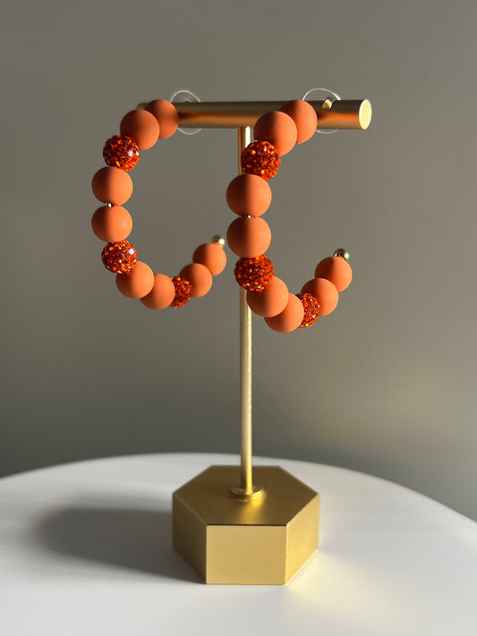 Orange Crystal Ball & Polymer Clay Ball Hoop Earrings