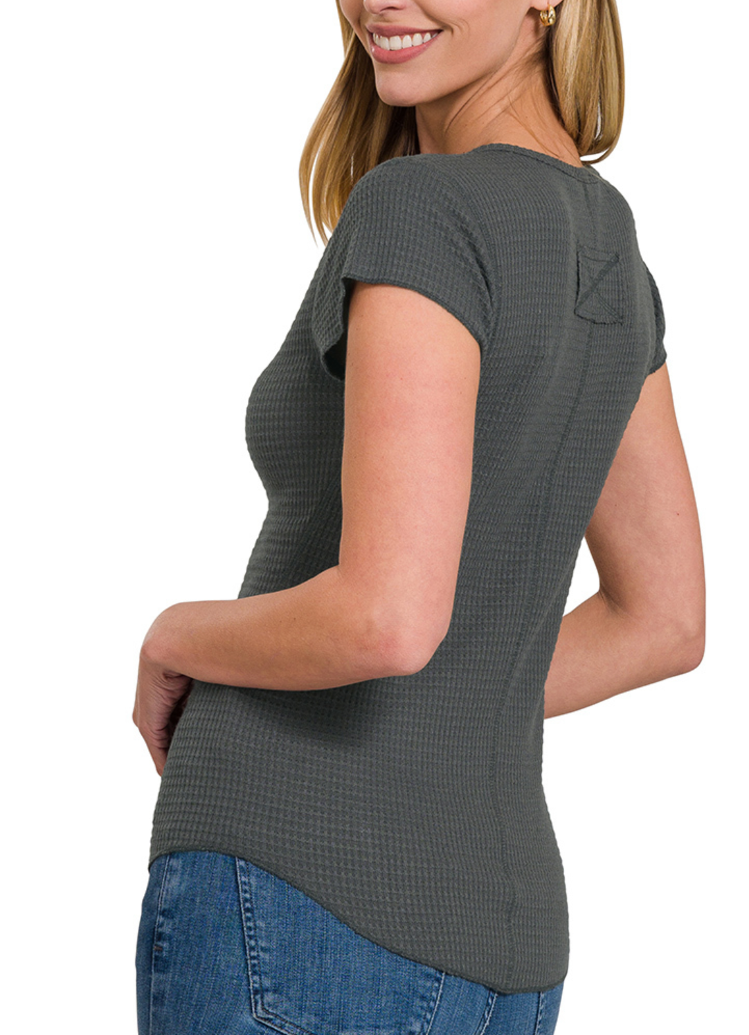 Zenana Outfitters Waffle Henley Scoop Neck Top - Grey
