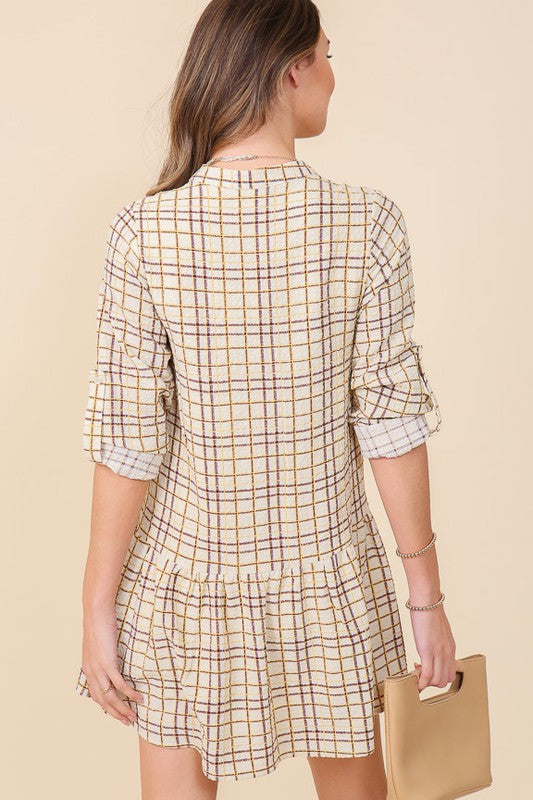 Three Quarter Roll Up Sleeve Plaid Mini Dress