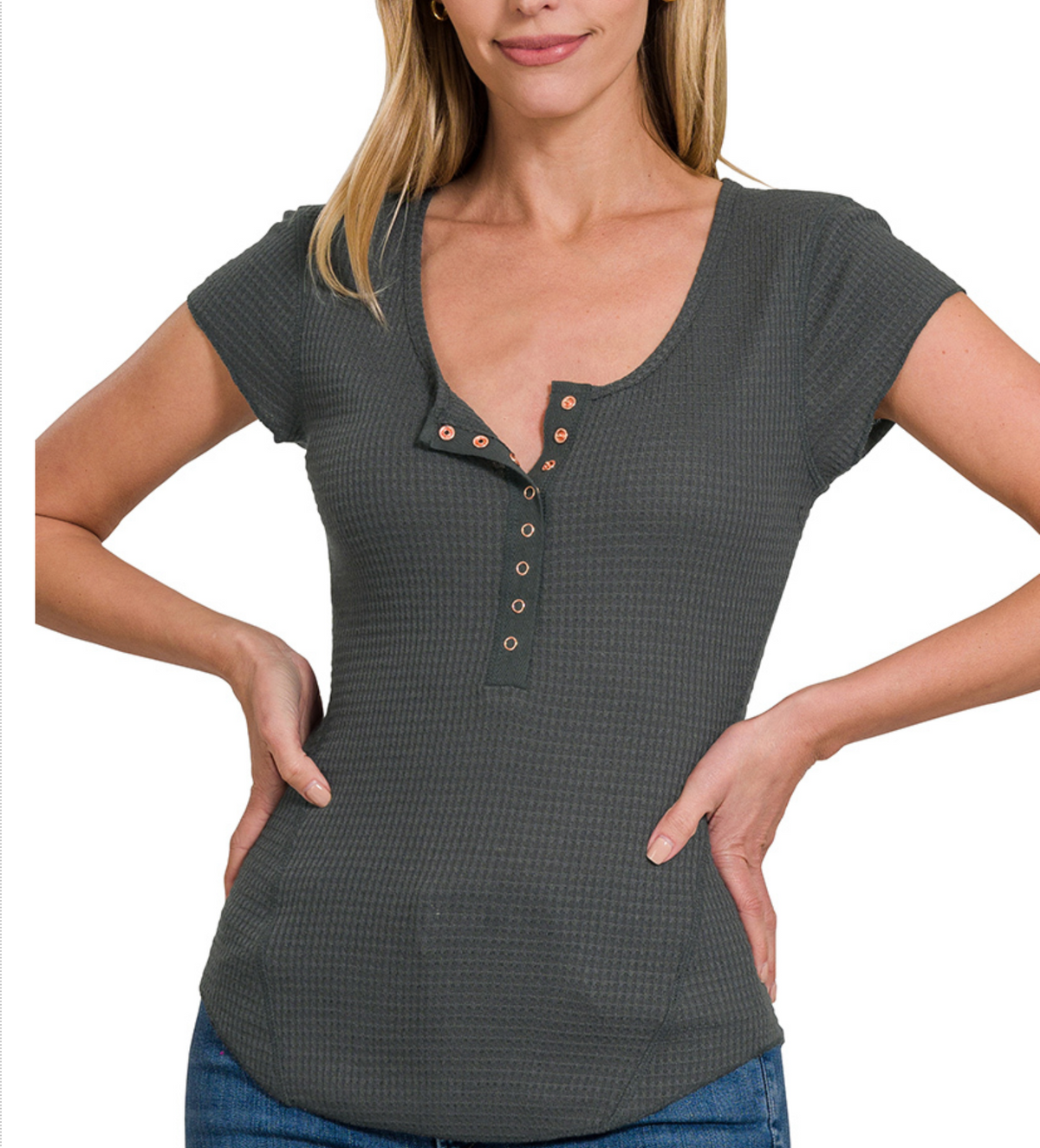 Zenana Outfitters Waffle Henley Scoop Neck Top - Grey