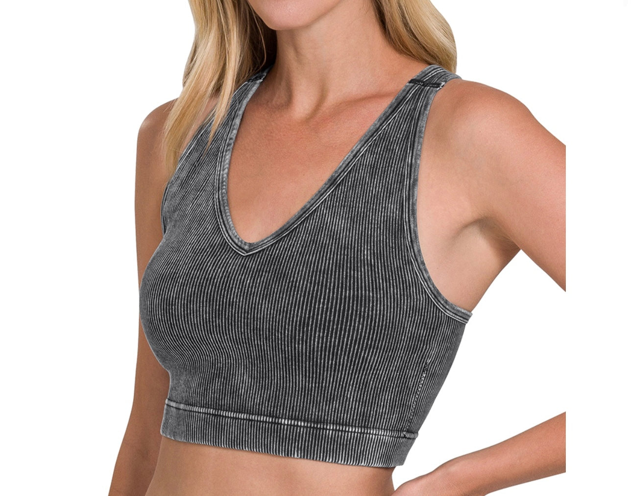 Brami Washed Ribbed V neck Top