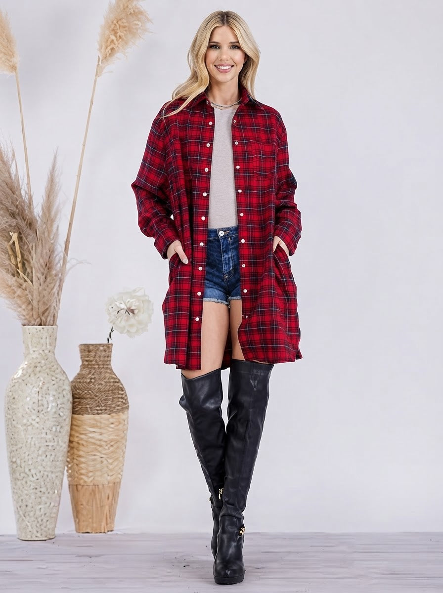 Oversized Flannel Top with Lace Detail