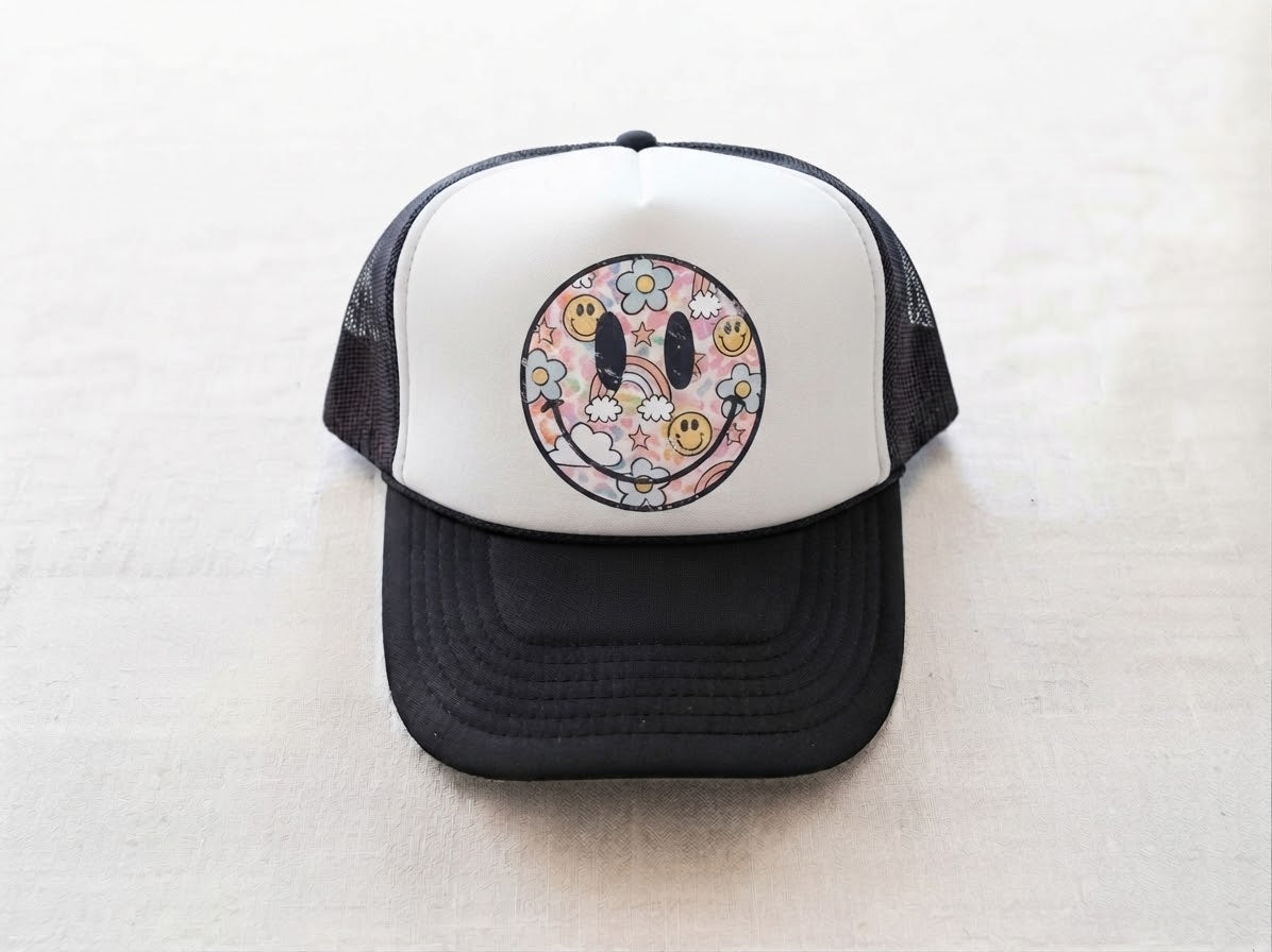 Retro smiley face black trucker hat