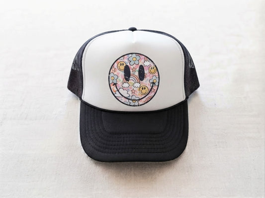 Retro smiley face black trucker hat