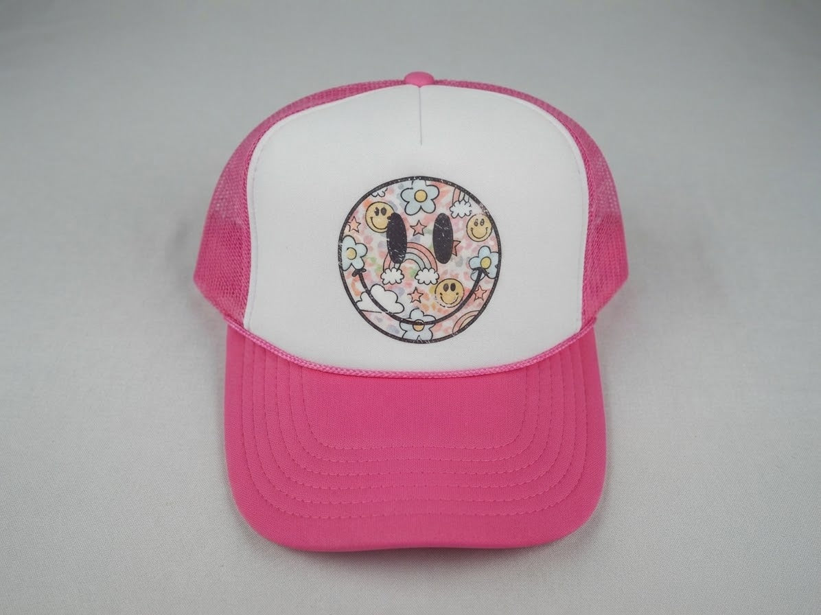 Rainbow Smiley Face Trucker Hat Pink