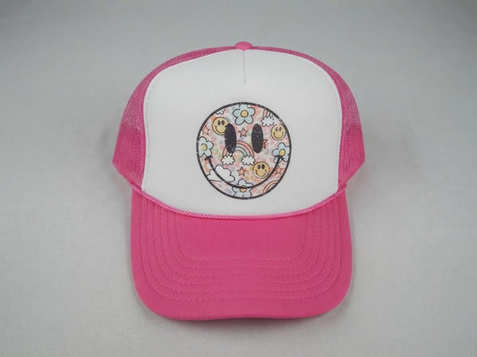 Rainbow Smiley Face Trucker Hat Pink