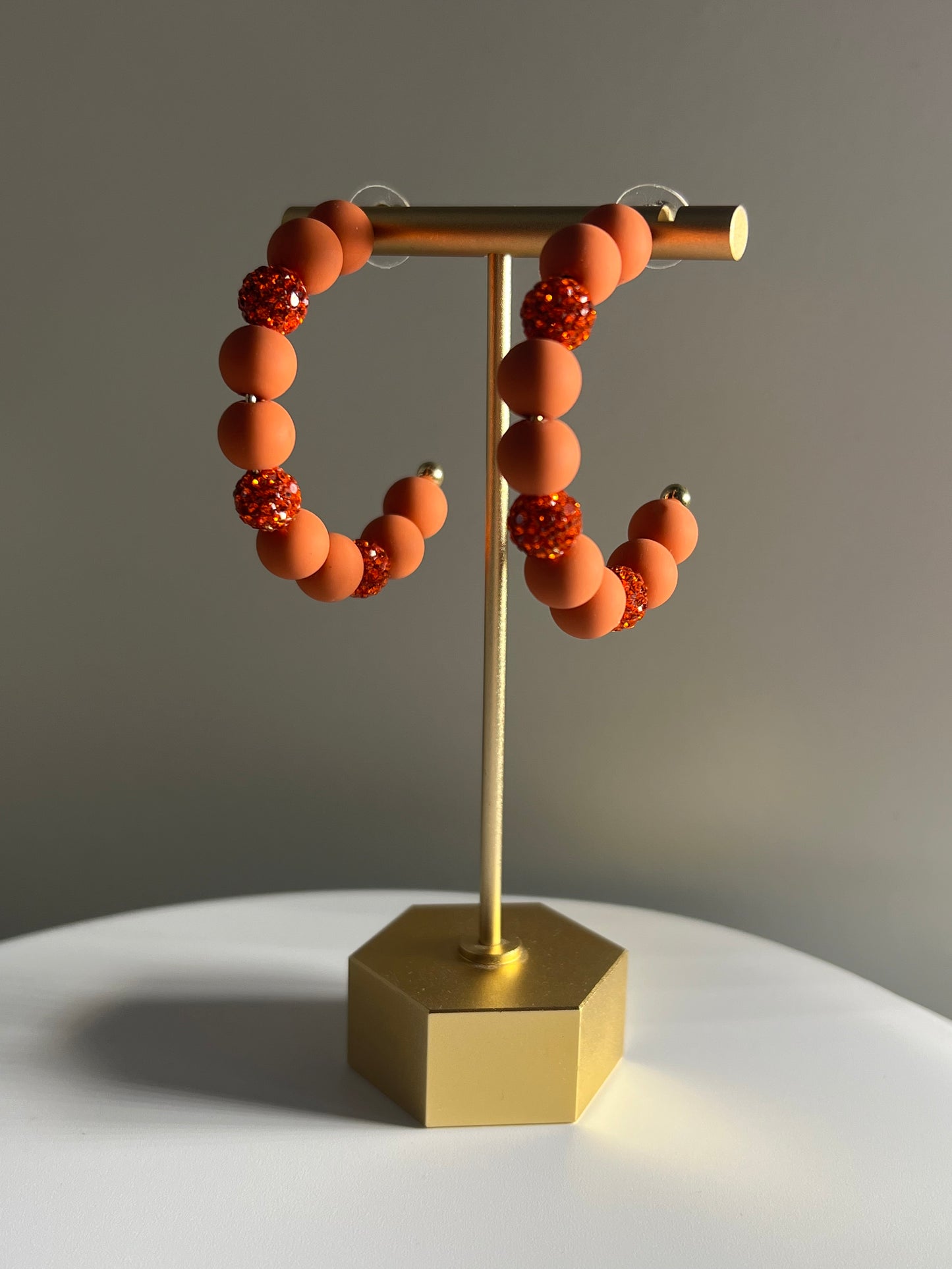 Orange Crystal Ball & Polymer Clay Ball Hoop Earrings
