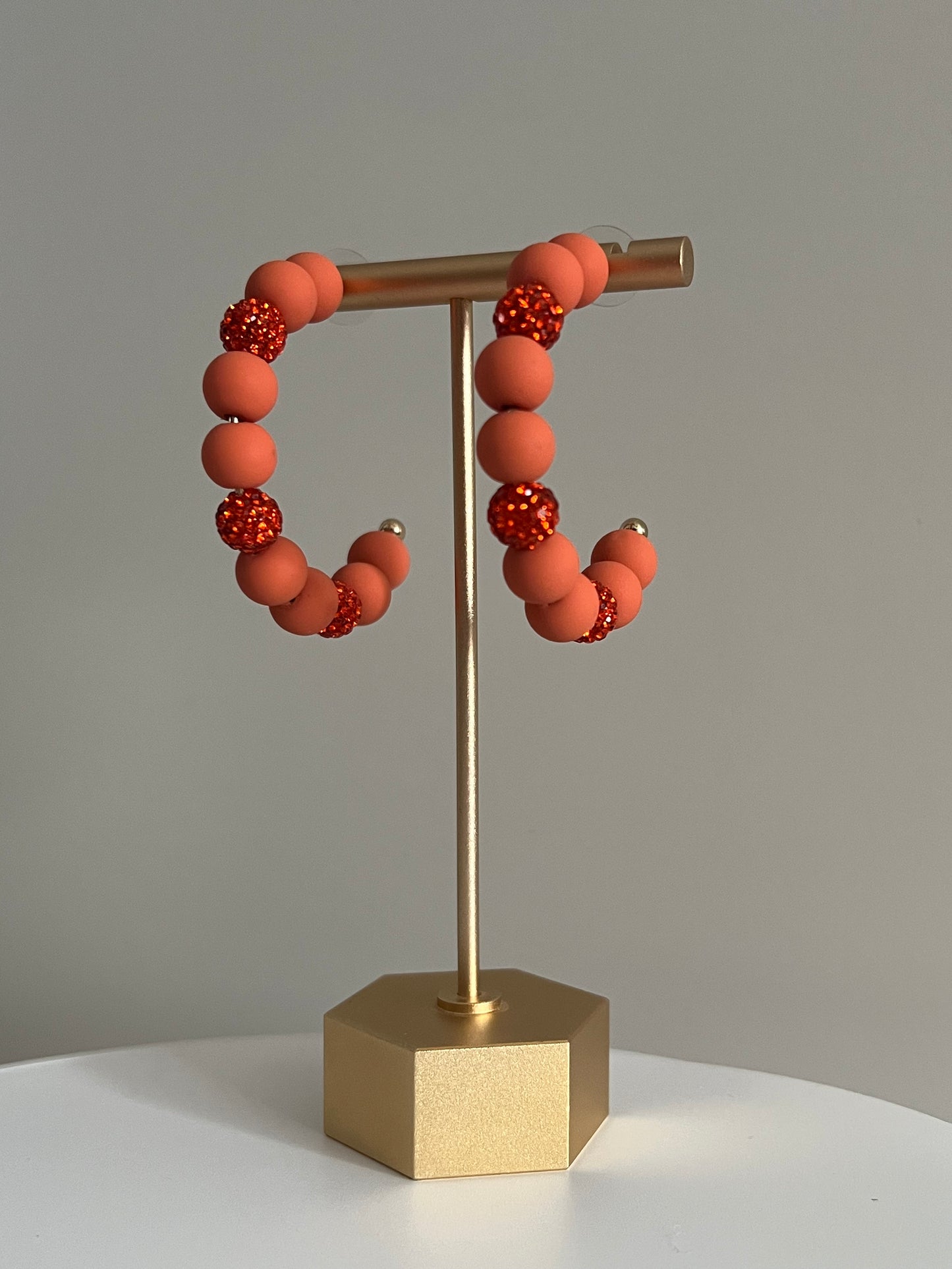 Orange Crystal Ball & Polymer Clay Ball Hoop Earrings