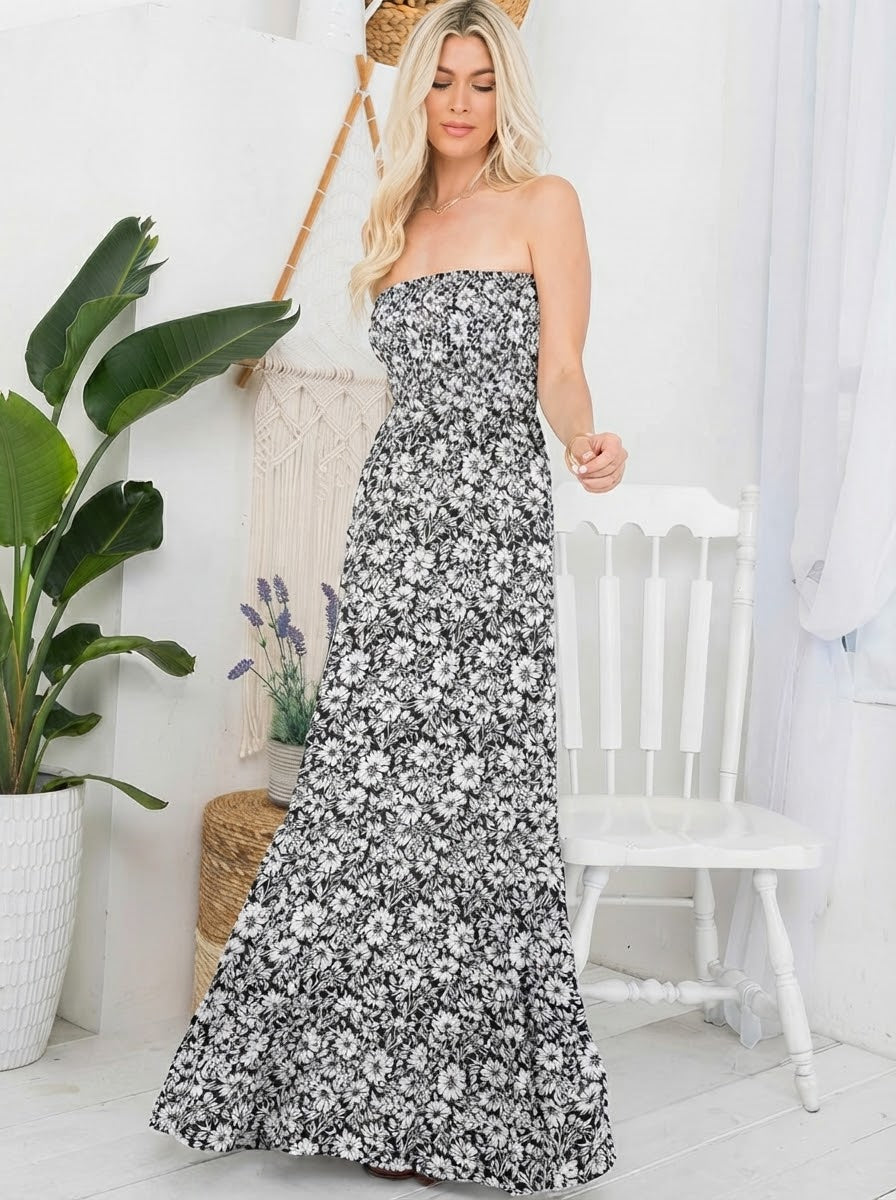 Floral Smocked Strapless Dress