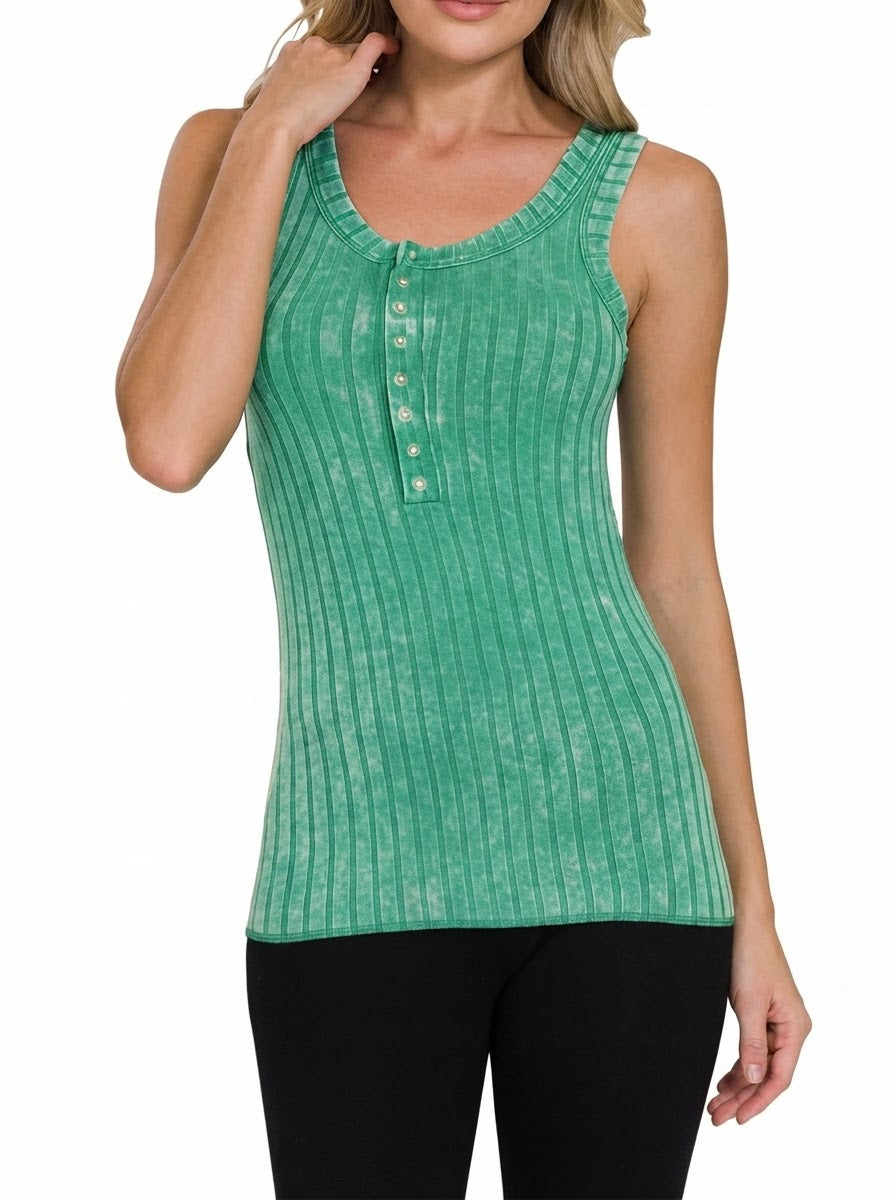 Washed Scoop Neck Button Tank Top