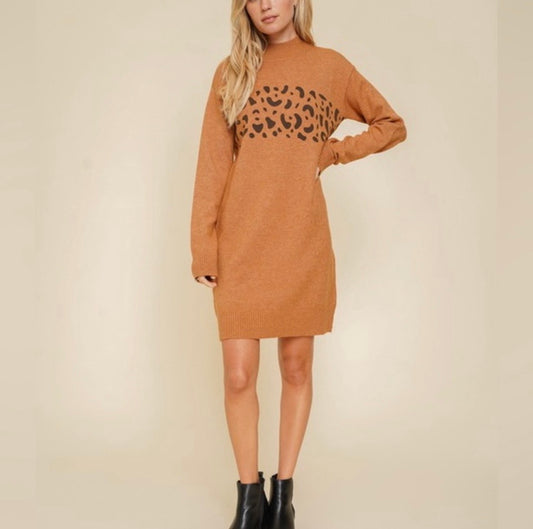 Mock Neck Leopard Print Sweater Dress