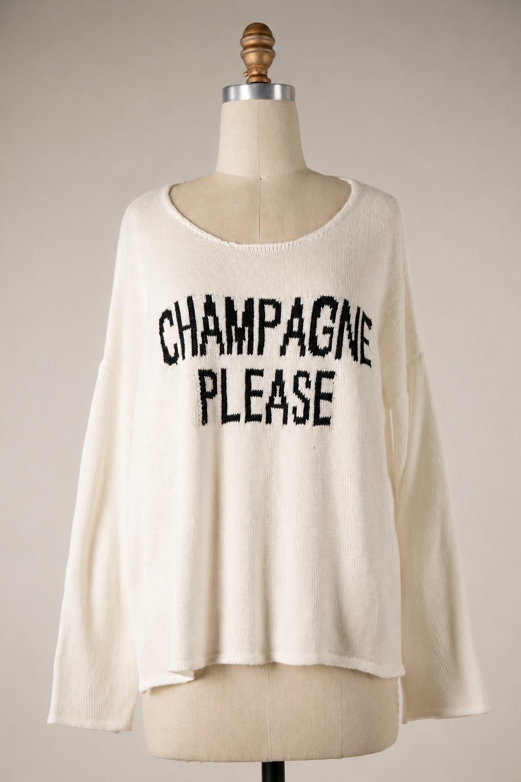 White Sweater with Black "CHAMPAGNE PLEASE" Knit