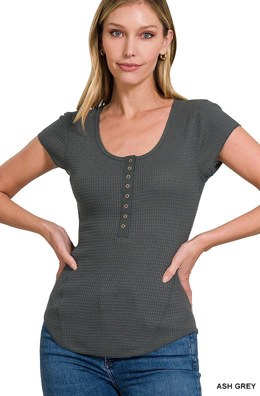 Zenana Outfitters Waffle Henley Scoop Neck Top - Grey