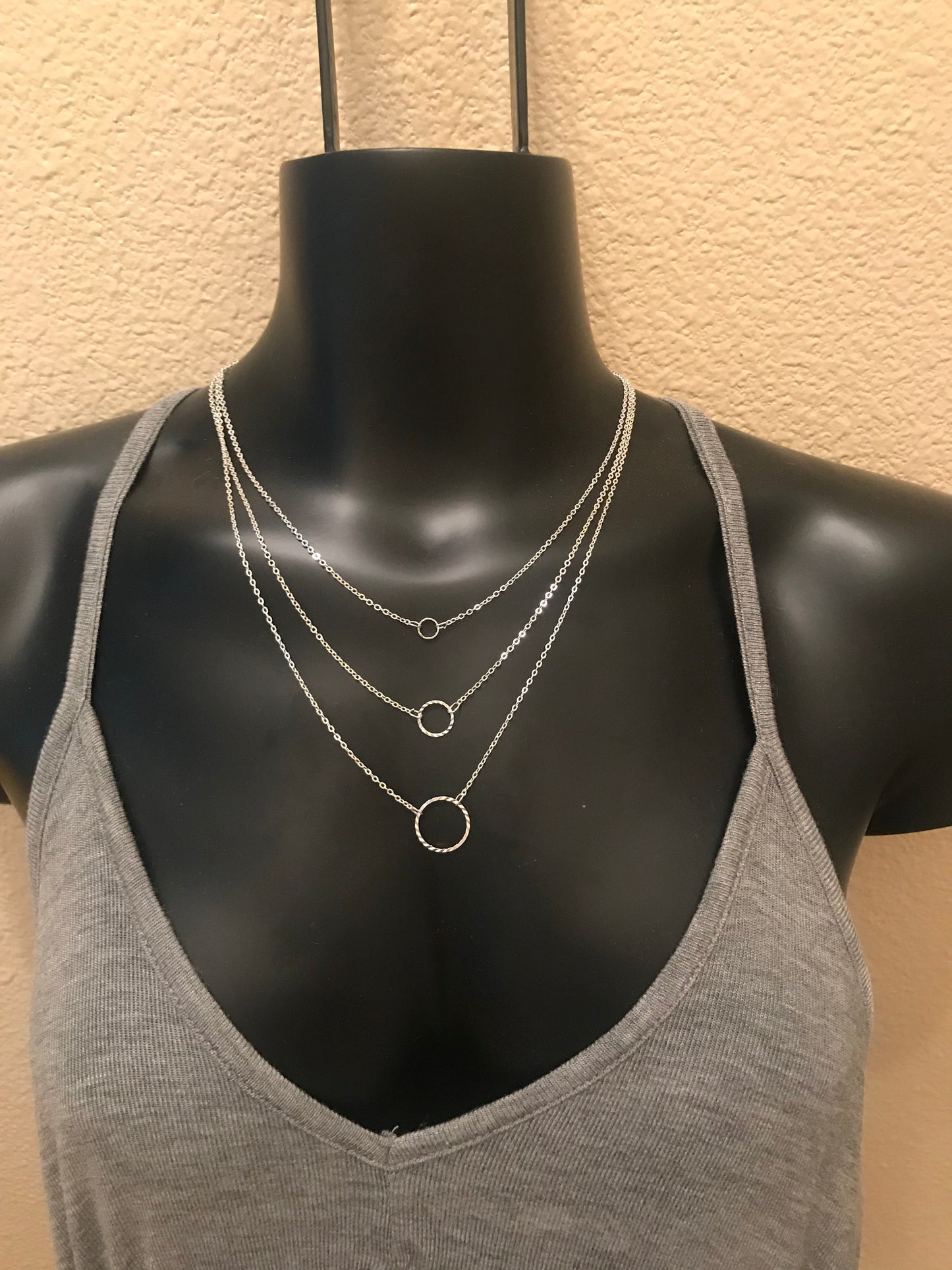 MAREN ELENA SILVER TRIPLE CHAIN W/ DIAMOND CUT CIRCLE DROPS NECKLACE - Meraki B Shop