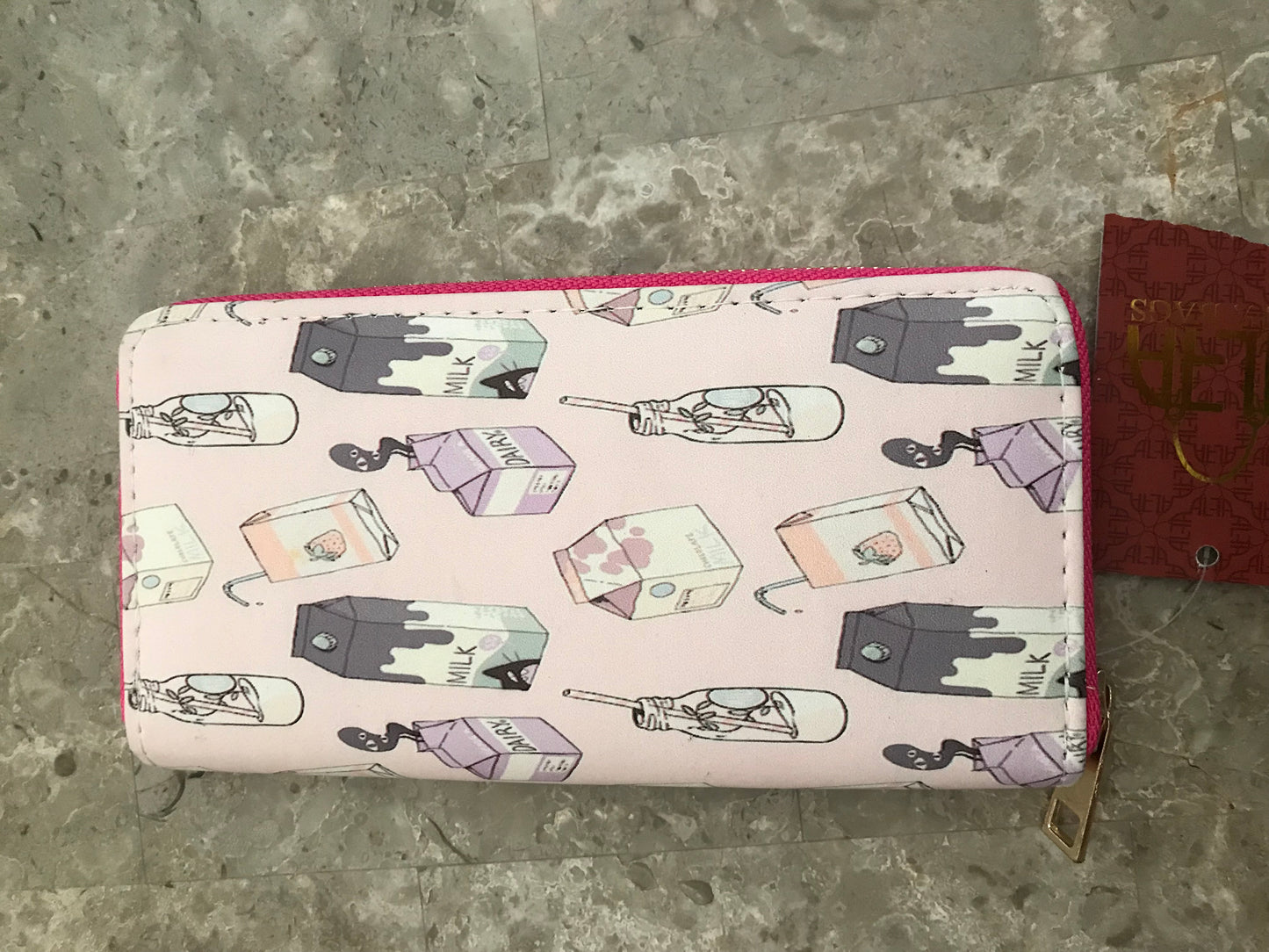 Doodled Milk Carton Design Fashion Wallet with Gold Zipper Closure