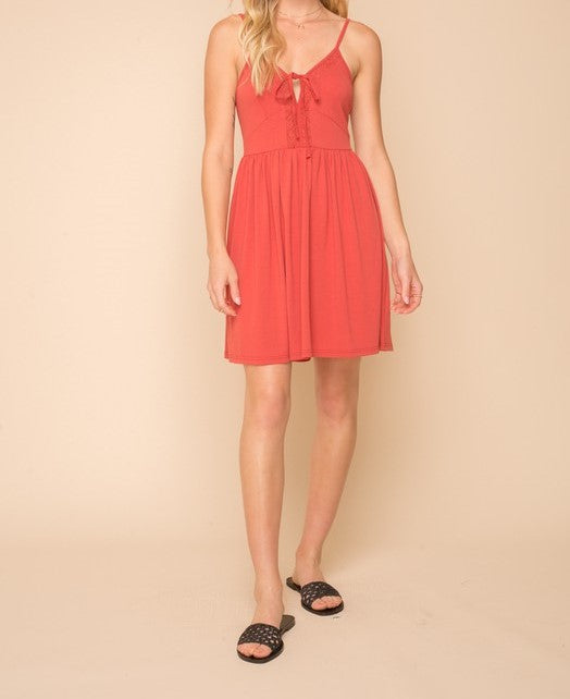 LACE TRIMMED STRAPPY JERSEY MINI DRESS
